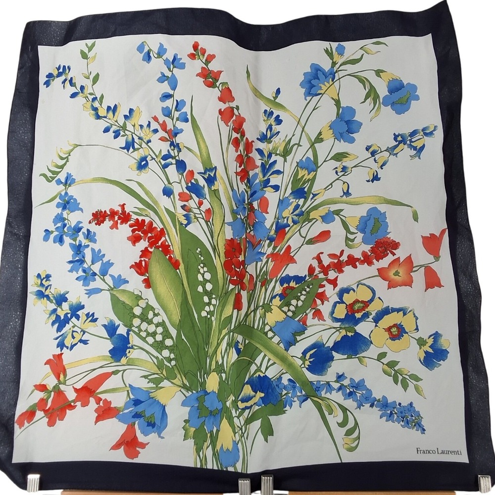 Franco Laurenti Floral Wildflower Square Scarf Navy Blue White Border 28x28